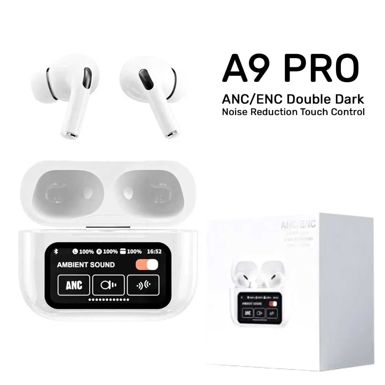 A9 Pro Digital Display Case Airpods / ANC/ENC Touch Screen Wireless Earbuds | A9 Pro Airpods - White & Black