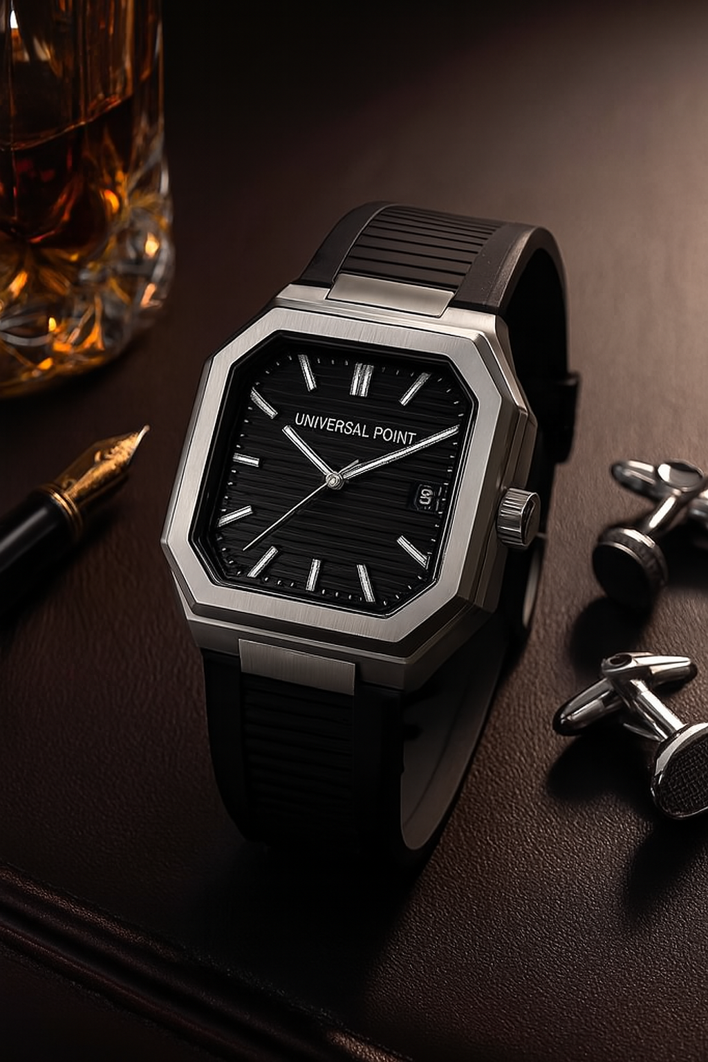 Universal Point UP 1988 – Square Dial Leather Strap Watch | Stainless Steel Case | Water Resistant 3 ATM (With Box)